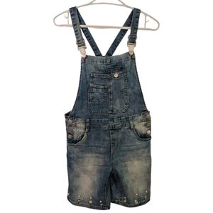 Moon Girl Beaded Denim Overalls Shorts Size 30 | Distressed Jean Shortalls Pearl